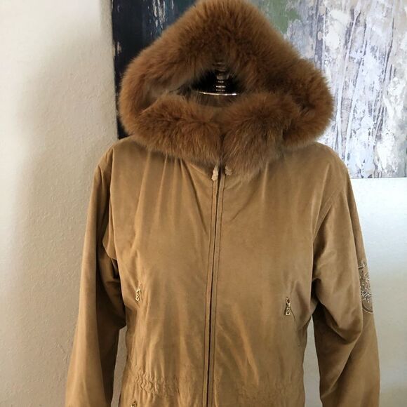 BOGNER Light Brown Faux Suede w/ Fox Fur Hood Full Zip Jacket - Picture 1 of 10